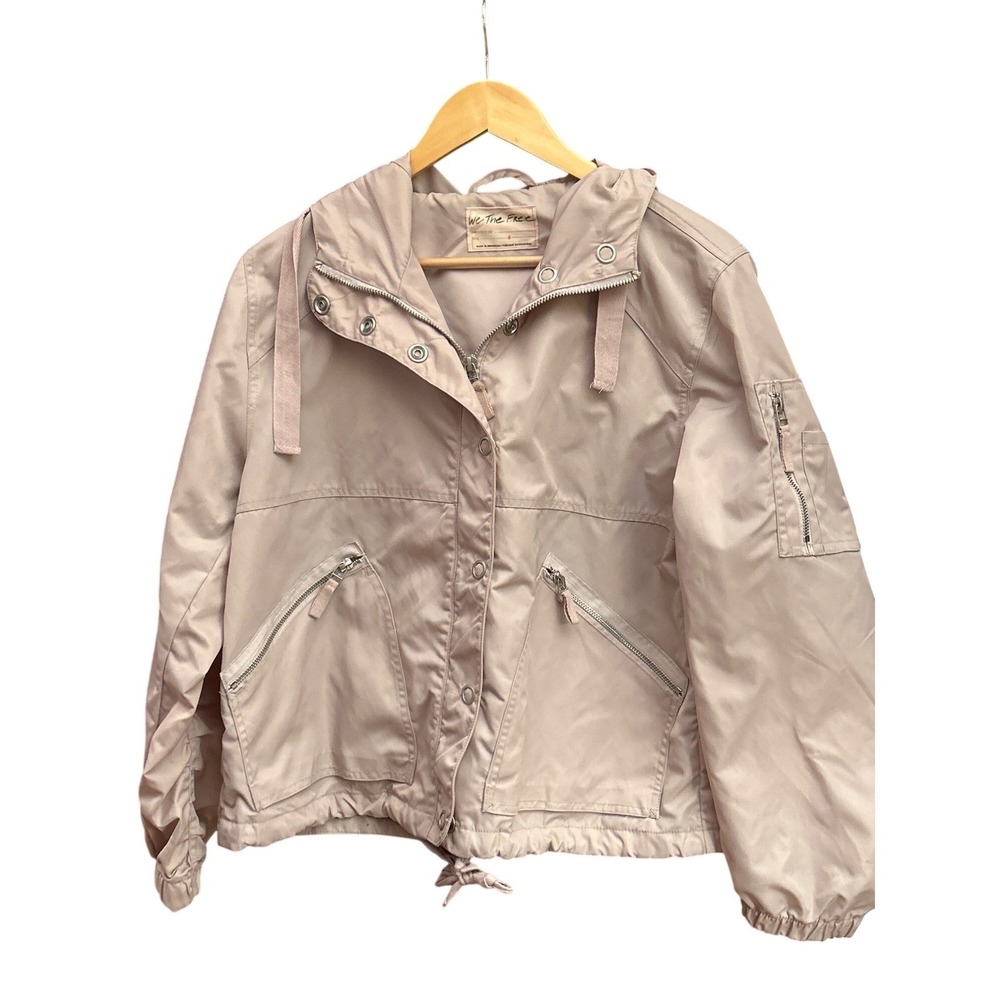 Free People We The Free Hooded Windbreaker Jacket Taupe Beige Zip S Boho Utility